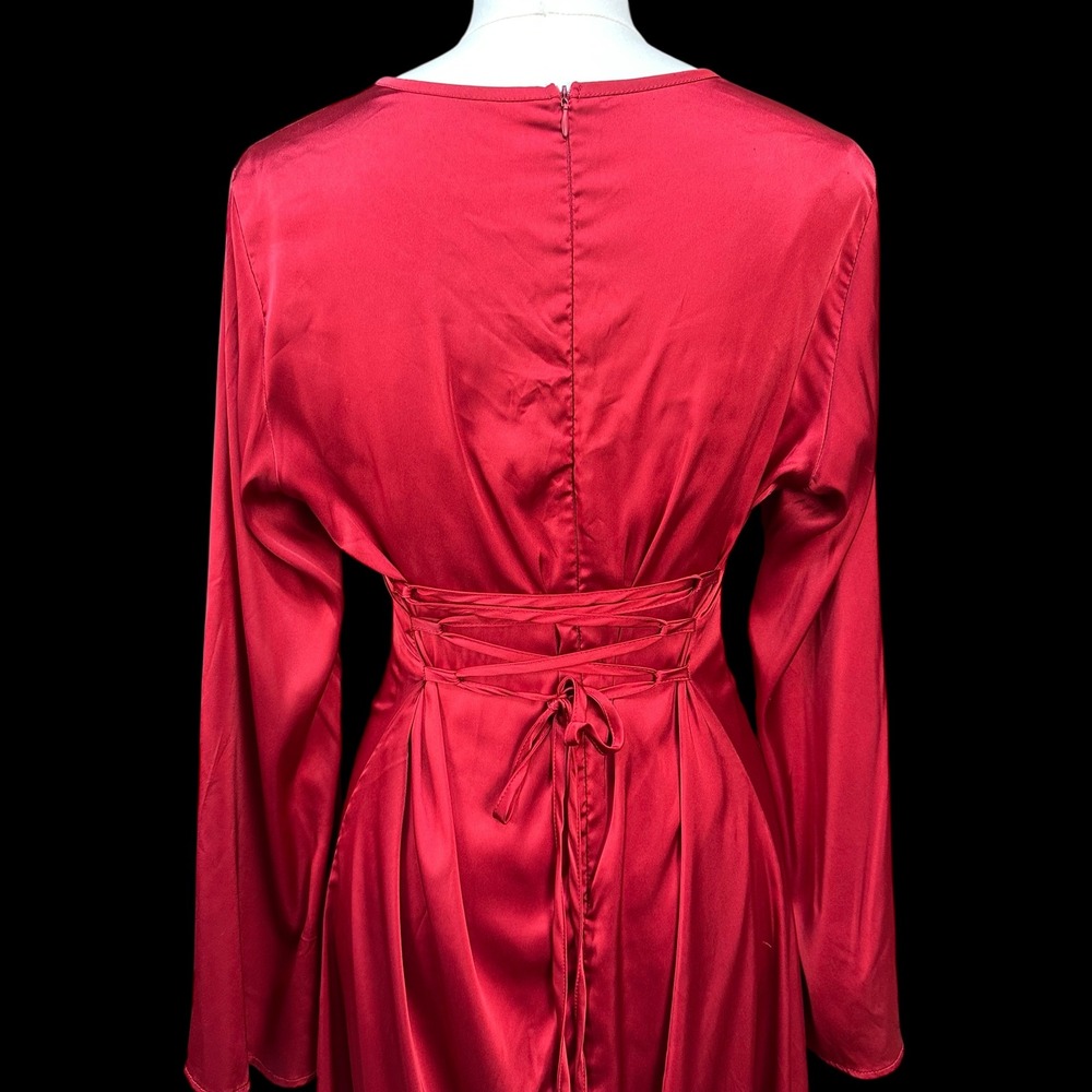 Red Satin Long Sleeve Maxi Dress Lace Up Corset Back Evening Gown Formal - Picture 6 of 9